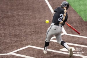 Omaha Mavericks Emma Durr (32) hits during a college softball game on April 28, 2026, in Omaha, Nebraska. Photo by Brandon Tiedemann.