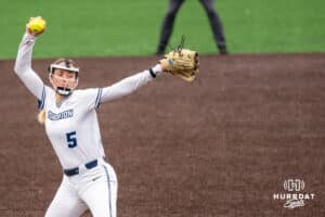 Creighton Bluejays Hailey Boltz (5) pitches during a college softball game on April 28, 2026, in Omaha, Nebraska. Photo by Brandon Tiedemann.