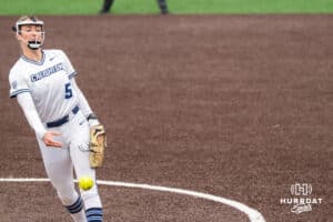 Creighton Bluejays Landrie Harris (5) pitches during a college softball game on April 28, 2026, in Omaha, Nebraska. Photo by Brandon Tiedemann.