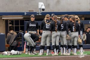 Omaha Mavericks huddle during a college softball game on April 28, 2026, in Omaha, Nebraska. Photo by Brandon Tiedemann.