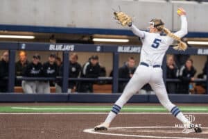 Creighton Bluejays Landrie Harris (5) pitches during a college softball game on April 28, 2026, in Omaha, Nebraska. Photo by Brandon Tiedemann.