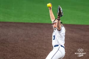Creighton Bluejays Audrey Gilman (3) warms up during a college softball game on April 28, 2026, in Omaha, Nebraska. Photo by Brandon Tiedemann.