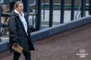 Creighton Bluejays head coach Krista Wood stands during a college softball game on April 28, 2026, in Omaha, Nebraska. Photo by Brandon Tiedemann.