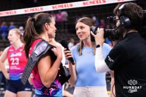 Omaha Supernova Sarah Parsons (11) being interviewed after a major league volleyball match against Columbus Fury on April 24, 2026, in Omaha, Nebraska. Photo by Jandi Green.