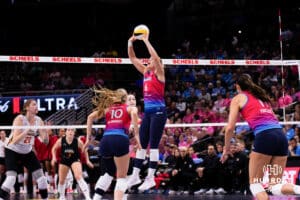 Omaha Supernova Brooke Mosher (6) setting a ball during a major league volleyball match against Columbus Fury on April 24, 2026, in Omaha, Nebraska. Photo by Jandi Green.