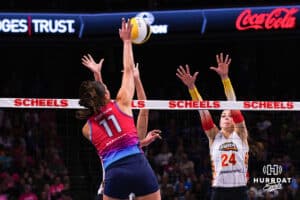 Omaha Supernova Sarah Parsons (11) hitting a ball during a major league volleyball match against Columbus Fury on April 24, 2026, in Omaha, Nebraska. Photo by Jandi Green.