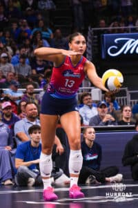 Omaha Supernova Merritt Beason (13) serving a ball during a major league volleyball match against Columbus Fury on April 24, 2026, in Omaha, Nebraska. Photo by Jandi Green.
