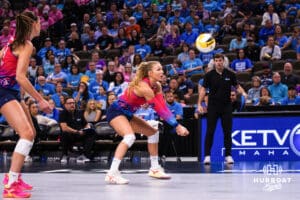Omaha Supernova Brooke Nuneviller (5) hitting a ball during a major league volleyball match against Columbus Fury on April 24, 2026, in Omaha, Nebraska. Photo by Jandi Green.