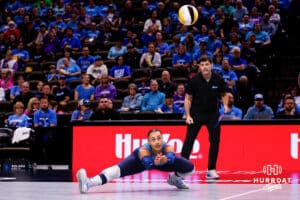 Omaha Supernova Elena Oglivie (22) digging a ball during a major league volleyball match against Columbus Fury on April 24, 2026, in Omaha, Nebraska. Photo by Jandi Green.