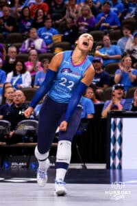 Omaha Supernova Elena Oglivie (22) celebrating during a major league volleyball match against Columbus Fury on April 24, 2026, in Omaha, Nebraska. Photo by Jandi Green.