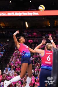 Omaha Supernova Janice Leao (17) hitting a ball during a major league volleyball match against Columbus Fury on April 24, 2026, in Omaha, Nebraska. Photo by Jandi Green.