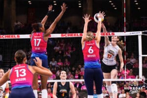 Omaha Supernova Brooke Mosher (6) blocking a ball during a major league volleyball match against Columbus Fury on April 24, 2026, in Omaha, Nebraska. Photo by Jandi Green.