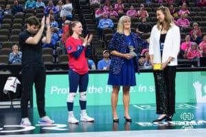 Omaha Supernova Allison Holder (20) receiving an award before a major league volleyball match against Columbus Fury on April 24, 2026, in Omaha, Nebraska. Photo by Jandi Green.