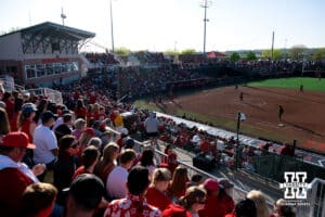 A record breaking crowd at Bowlin Stadium of 3,349 people watches as the Husker take on the Hawkeyes during a college women’s softball game, Apr. 24, 2026, Lincoln, Nebraska. Photo by Braden Cochran.