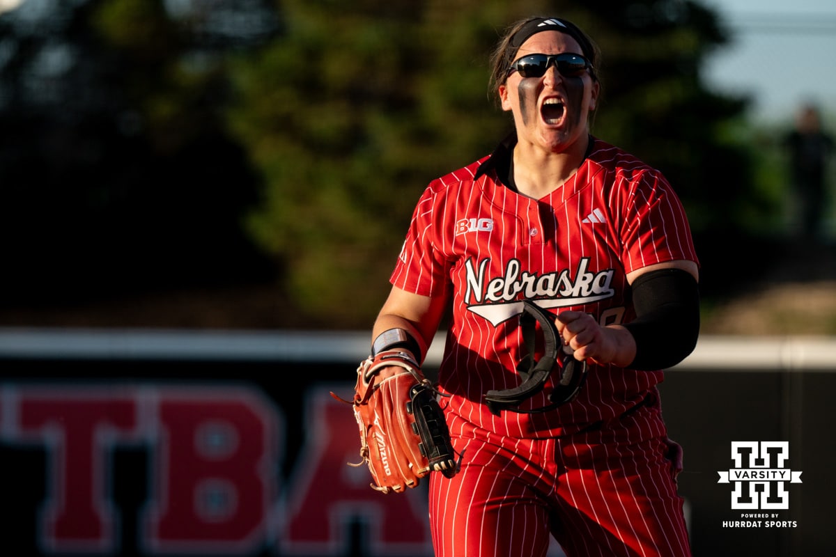 Nebraska pitcher Alexis Jensen (99) celebrates after the last pitch of the night to beat Iowa during a college women’s softball game, Apr. 24, 2026, Lincoln, Nebraska. Photo by Braden Cochran.