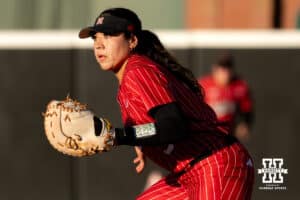 Nebraska infielder Bella Bacon (3) prepares for the next pitch during a college women’s softball game, Apr. 24, 2026, Lincoln, Nebraska. Photo by Braden Cochran.