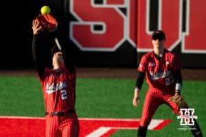 Nebraska infielder Lauren Camenzind (2) catches a pop fly in the infield during a college women’s softball game, Apr. 24, 2026, Lincoln, Nebraska. Photo by Braden Cochran.