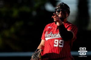 Nebraska Cornhusker Alexis Jensen (99) points to the catcher after making a play during a college women’s softball game, Apr. 24, 2026, Lincoln, Nebraska. Photo by Braden Cochran.
