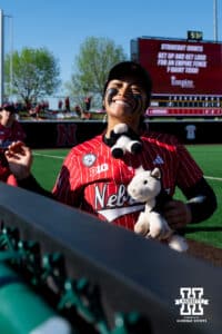 Nebraska senior Katelyn Caneda jogs down the third base line in between innings during a college women’s softball game, Apr. 24, 2026, Lincoln, Nebraska. Photo by Braden Cochran.