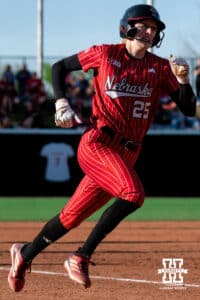 Nebraska base runner Jesse Ferrell (25) rounds third base on her way to home plate during a college women’s softball game, Apr. 24, 2026, Lincoln, Nebraska. Photo by Braden Cochran.