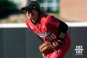 Nebraska first baseman Jordy Frahm (98) prepares for the next play during a college women’s softball game, Apr. 24, 2026, Lincoln, Nebraska. Photo by Braden Cochran.