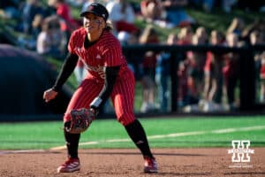 Nebraska infielder Lauren Camenzind (2) awaits the next play to start during a college women’s softball game, Apr. 24, 2026, Lincoln, Nebraska. Photo by Braden Cochran.