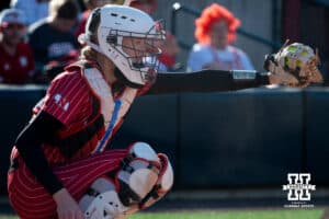 Nebraska catcher Carlie Mulbach (72) receives a pitch from pitcher Alexis Jensen during a college women’s softball game, Apr. 24, 2026, Lincoln, Nebraska. Photo by Braden Cochran.