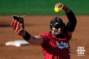 Nebraska pitcher Alexis Jensen (99) winds around for the next pitch during a college women’s softball game, Apr. 24, 2026, Lincoln, Nebraska. Photo by Braden Cochran.