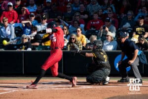 Nebraska batter Jesse Ferrell (25) makes contact with the ball during a college women’s softball game, Apr. 24, 2026, Lincoln, Nebraska. Photo by Braden Cochran.