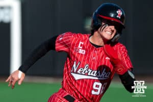 Nebraska Cornhusker Jordy Frahm (98) rounds third base on her way back to home plate during a college women’s softball game, Apr. 24, 2026, Lincoln, Nebraska. Photo by Braden Cochran.