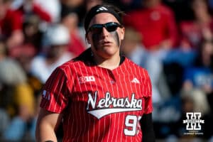 Nebraska Cornhusker Alexis Jensen (99) was off of the field after a third out to switch possessions during a college women’s softball game, Apr. 24, 2026, Lincoln, Nebraska. Photo by Braden Cochran.