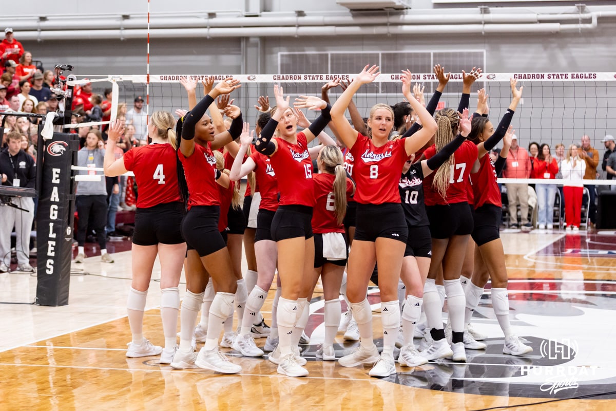 Nebraska Cornhuskers wave to all the fans for the match against the Northern Colorado Bears during a college volleyball match on Saturday, April 25, 2026, in Chadron, Neb. Photo by John S. Peterson.