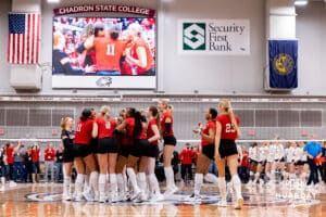 Nebraska Cornhuskers celebrates the last point of the match against the Northern Colorado Bears during a college volleyball match on Saturday, April 25, 2026, in Chadron, Neb. Photo by John S. Peterson.