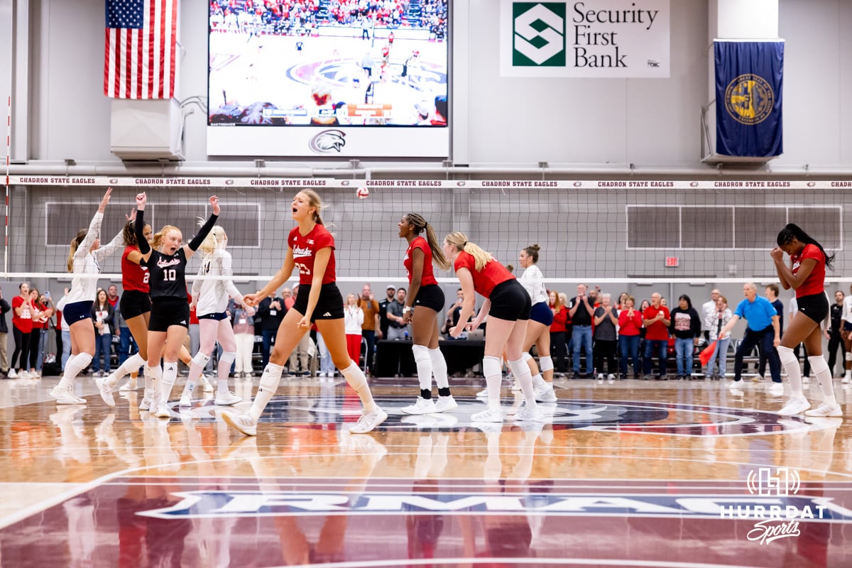 Nebraska Cornhuskers celebrates the last point of the match against the Northern Colorado Bears during a college volleyball match on Saturday, April 25, 2026, in Chadron, Neb. Photo by John S. Peterson.
