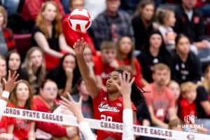 Nebraska Cornhuskers outside hitter Jayden Robinson (20) spikes the ball against the Northern Colorado Bears during a college volleyball match on Saturday, April 25, 2026, in Chadron, Neb. Photo by John S. Peterson.