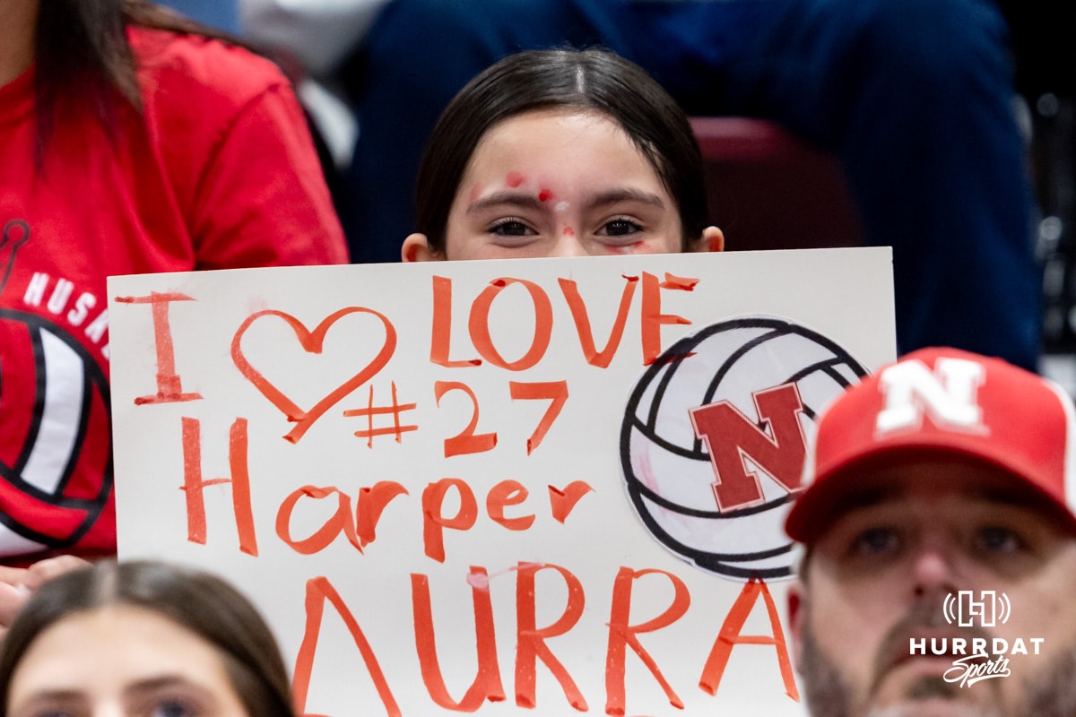 A fan holds a sign for her favorite Nebraska player Harper Murray during a college volleyball match Northern Colorado Bears on Saturday, April 25, 2026, in Chadron, Neb. Photo by John S. Peterson.