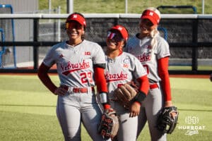 Nebraska Cornhuskers pose for a photo before a college softball game against Omaha on April 21, 2026, in Omaha, Nebraska. Photo by Brandon Tiedemann