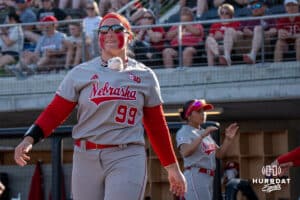 Nebraska Cornhusker Alexis Jensen (99) gets introduced during a college softball game against Omaha on April 21, 2026, in Omaha, Nebraska. Photo by Brandon Tiedemann