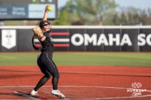 Omaha Maverick Maddia Groff (6) pitches during a college softball game against Nebraska on April 21, 2026, in Omaha, Nebraska. Photo by Brandon Tiedemann