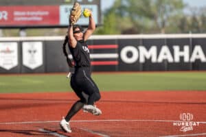 Omaha Maverick Maddia Groff (6) pitches during a college softball game against Nebraska on April 21, 2026, in Omaha, Nebraska. Photo by Brandon Tiedemann