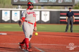 Nebraska Cornhusker Alexis Jensen (99) pitches during a college softball game against Omaha on April 21, 2026, in Omaha, Nebraska. Photo by Brandon Tiedemann