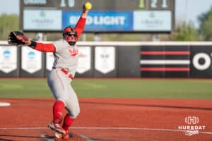 Nebraska Cornhusker Alexis Jensen (99) winds up during a college softball game against Omaha on April 21, 2026, in Omaha, Nebraska. Photo by Brandon Tiedemann