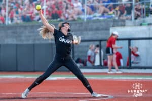 Omaha Maverick Alexis Wiggins (2) pitches during a college softball game against Nebraska on April 21, 2026, in Omaha, Nebraska. Photo by Brandon Tiedemann