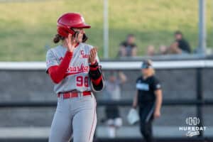 Nebraska Cornhusker Jordy Frahm (98) celebrates a double during a college softball game against Omaha on April 21, 2026, in Omaha, Nebraska. Photo by Brandon Tiedemann