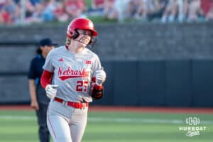 Nebraska Cornhusker Jesse Farrell (25) rounds the bases during a college softball game against Omaha on April 21, 2026, in Omaha, Nebraska. Photo by Brandon Tiedemann