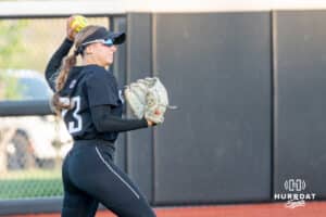 Omaha Maverick Ava Rongisch (23) throws to second base during a college softball game against Nebraska on April 21, 2026, in Omaha, Nebraska. Photo by Brandon Tiedemann