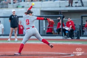 Nebraska Cornhusker Hannah Camenzind (9) pitches during a college softball game against Omaha on April 21, 2026, in Omaha, Nebraska. Photo by Brandon Tiedemann
