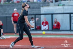 Omaha Maverick Alexis Wiggins (2) pitches during a college softball game against Nebraska on April 21, 2026, in Omaha, Nebraska. Photo by Brandon Tiedemann