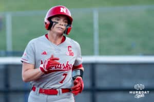 Nebraska Cornhusker Ava Kuszak (7) rounds the bases during a college softball game against Omaha on April 21, 2026, in Omaha, Nebraska. Photo by Brandon Tiedemann