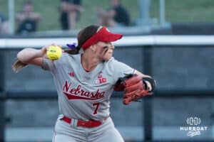 Nebraska Cornhusker Ava Kuszak (7) throws to first base during a college softball game against Omaha on April 21, 2026, in Omaha, Nebraska. Photo by Brandon Tiedemann